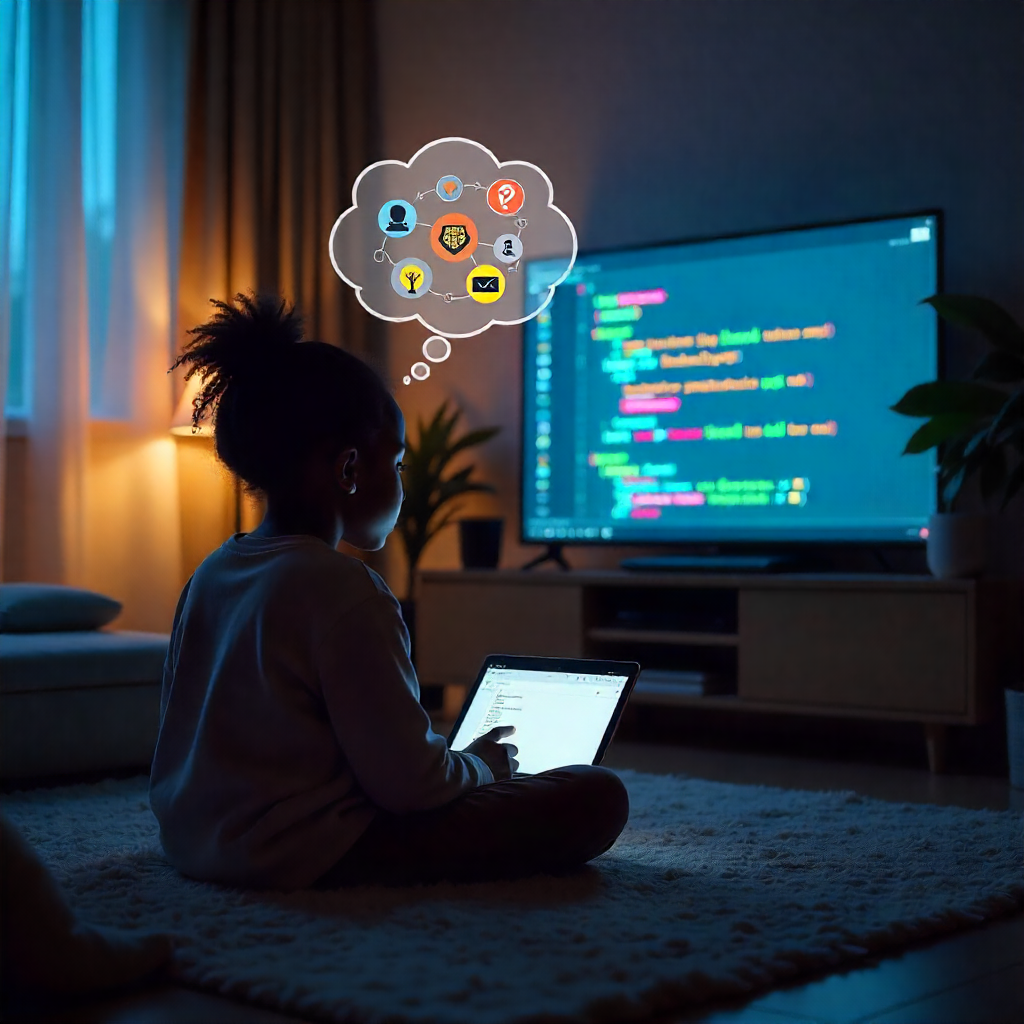 A picture of a kid using their time on YouTube and playing computer games.