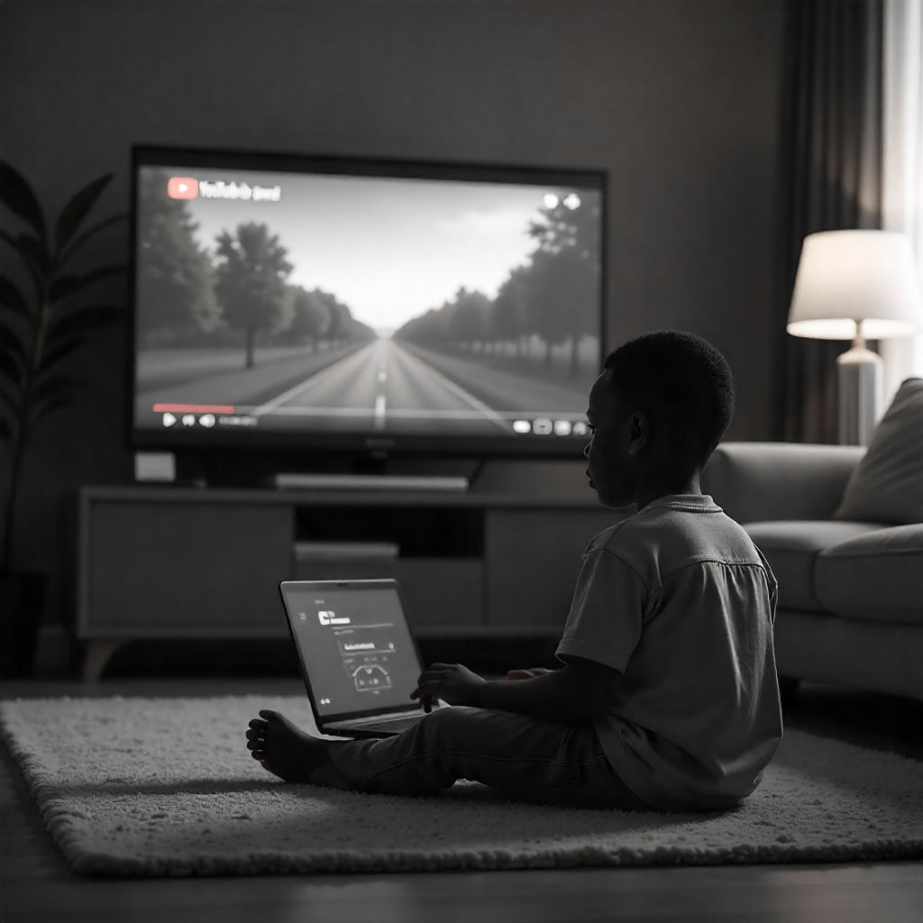 A picture of a kid using their time on YouTube and playing computer games.